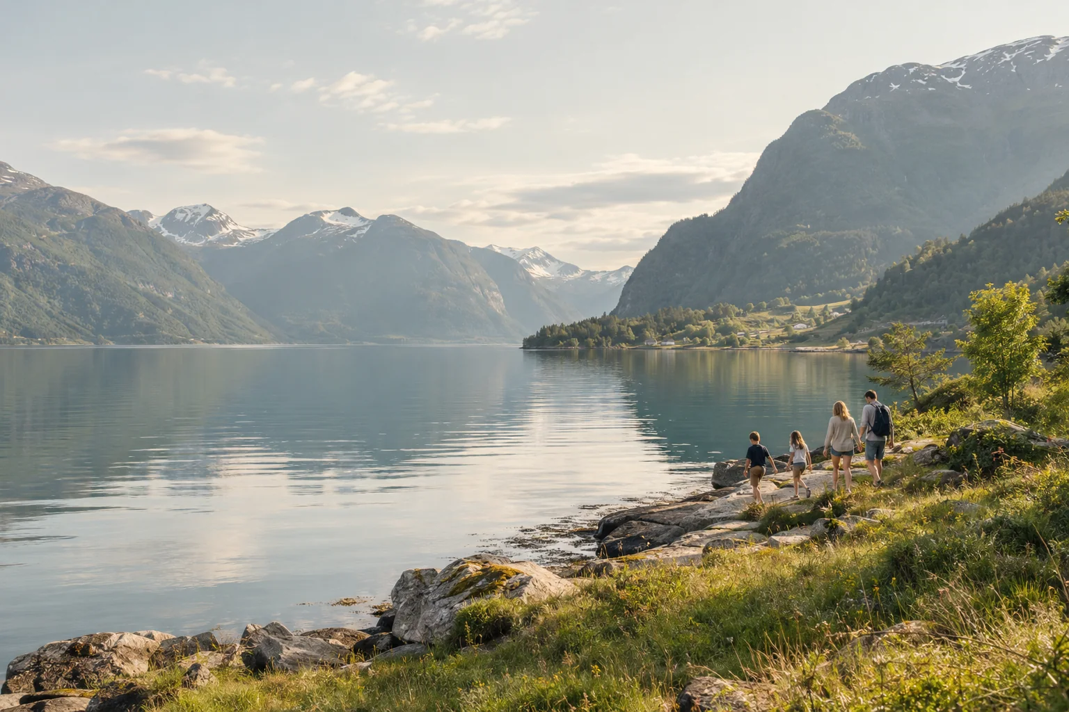 En familie ser utover en norsk fjord